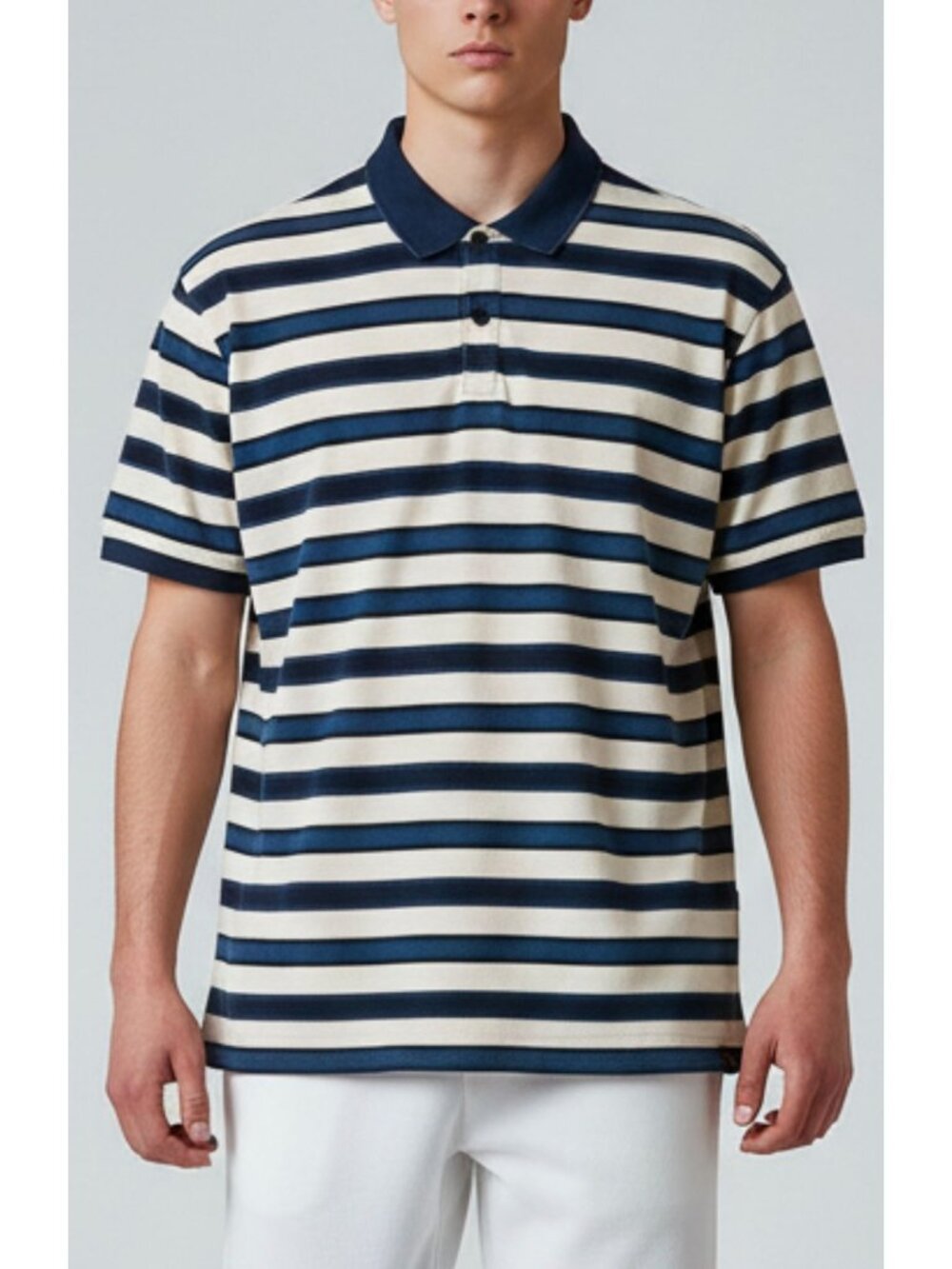 Scotch & Soda Men’s Striped Short Sleeve Polo Shirt Navy Blue Cream Size M
